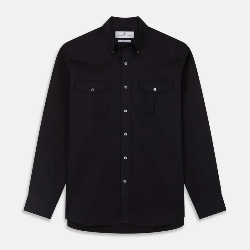 Navy Cotton Weekend Fit Western Shirt with Dorset Collar sold by Turnbull & Asser