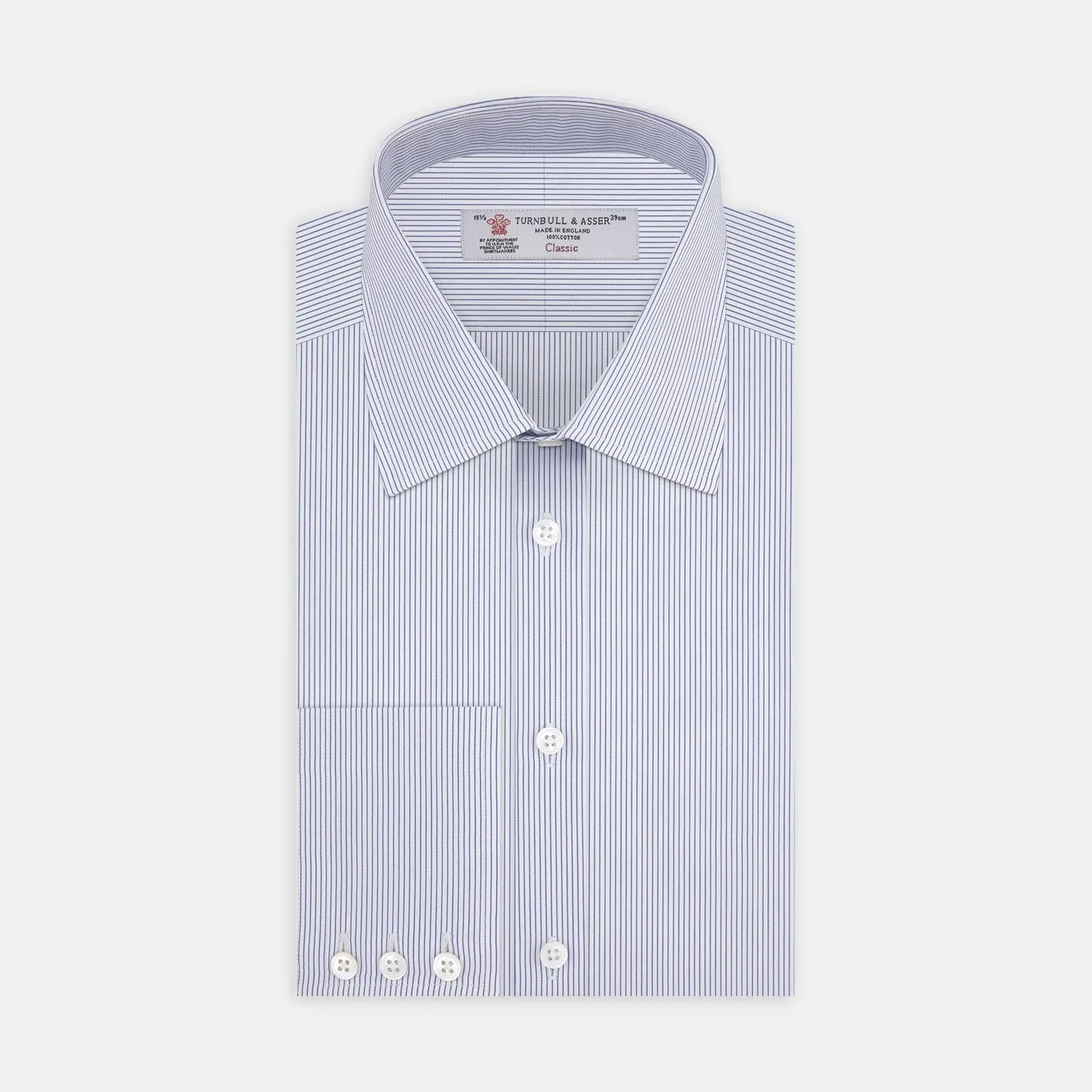 Blue and White Fine Stripe Shirt with T&A Collar and 3-Button Cuffs sold by Turnbull & Asser