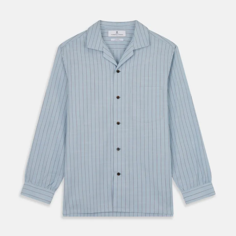 Pale Blue Stripe Cotton Holiday Fit Shirt with Revere Collar & Single Button Cuff sold by Turnbull & Asser