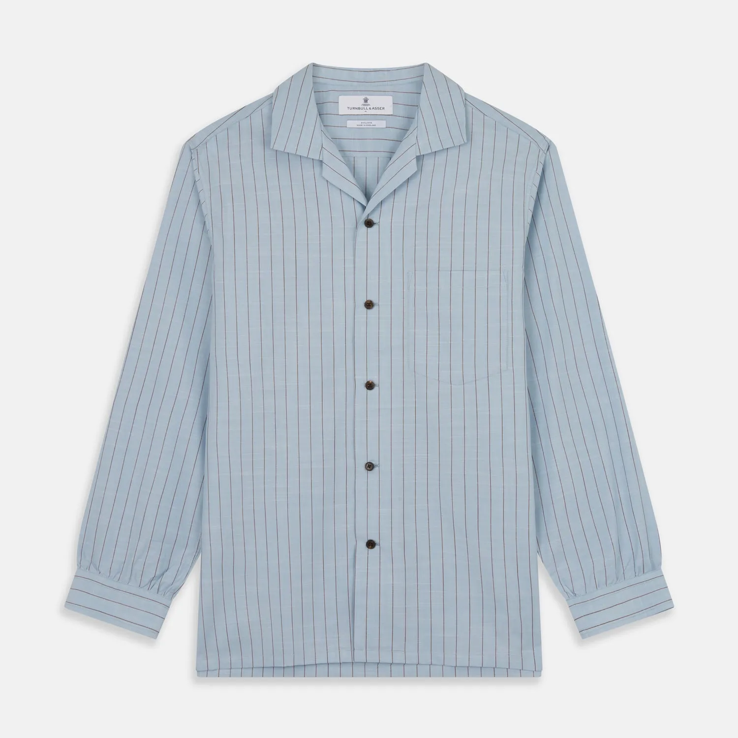 Pale Blue Stripe Cotton Holiday Fit Shirt with Revere Collar & Single Button Cuff sold by Turnbull & Asser