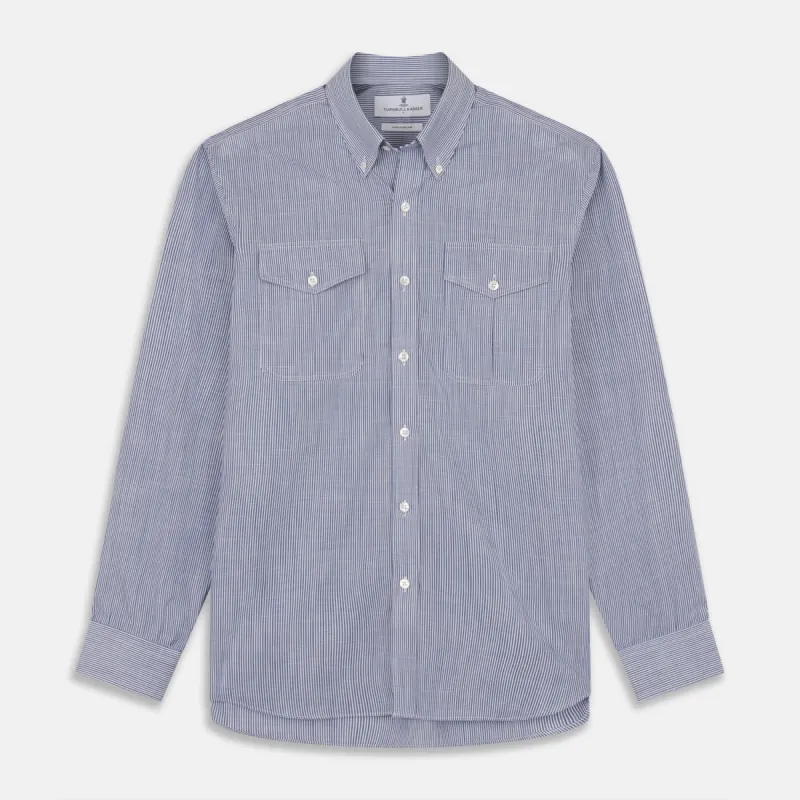 Indigo Chambray Stripe Weekend Fit Shirt With Dorset Collar sold by Turnbull & Asser