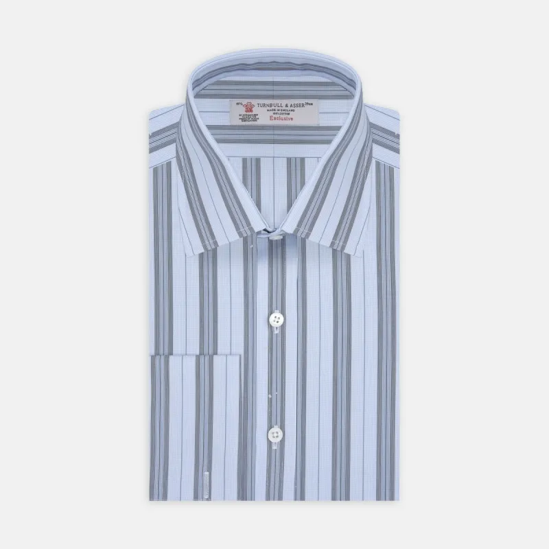 Grey, Turquoise and Sky Blue Mixed Stripe Shirt with T&A Collar and Double Cuffs sold by Turnbull & Asser