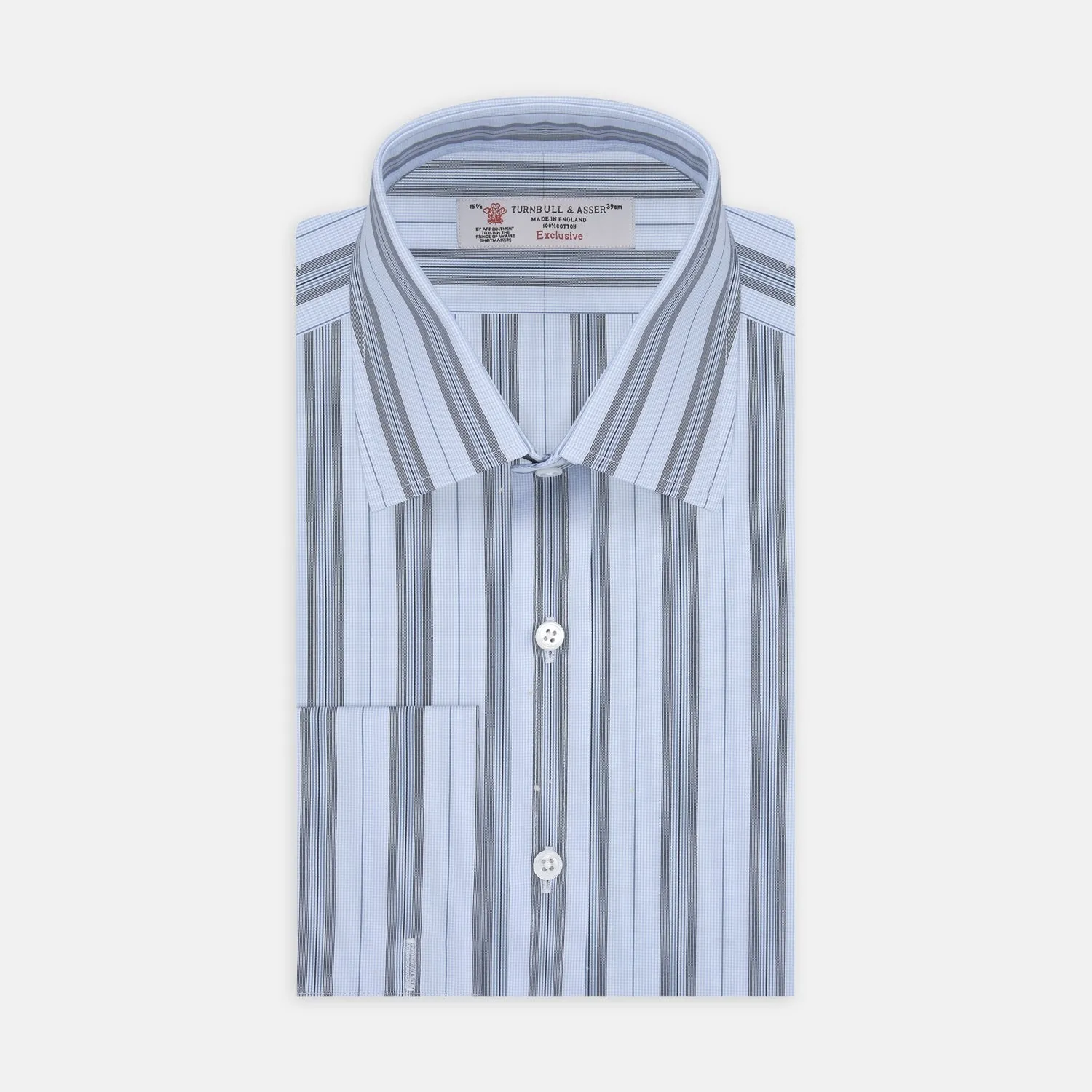 Grey, Turquoise and Sky Blue Mixed Stripe Shirt with T&A Collar and Double Cuffs sold by Turnbull & Asser