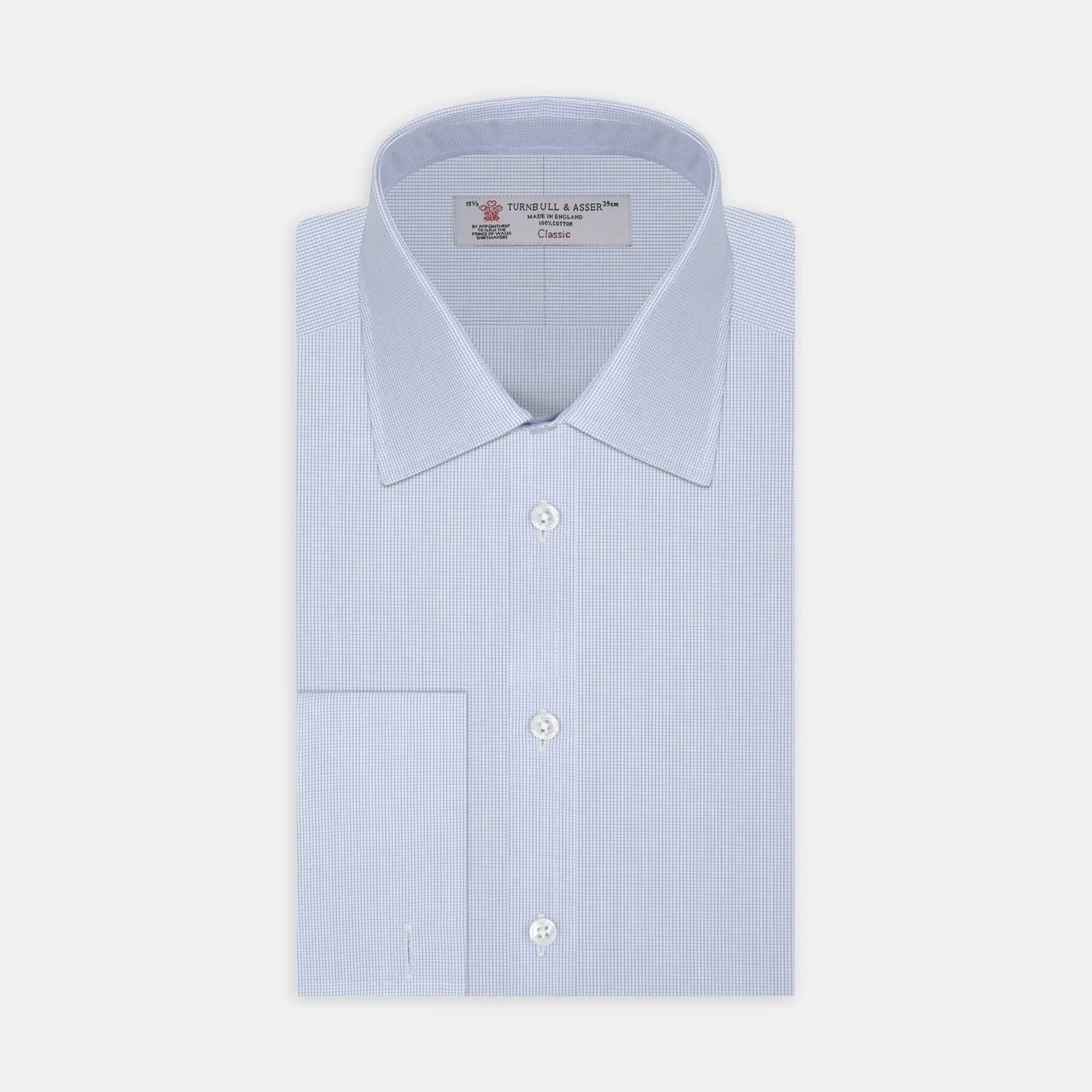 Light Blue Fine Check Shirt with T&A Collar and Double Cuffs sold by Turnbull & Asser