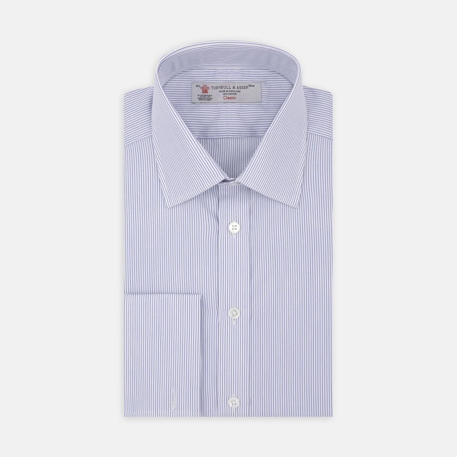 Blue and White Fine Stripe Cotton Shirt with T&A Collar and Double Cuff sold by Turnbull & Asser