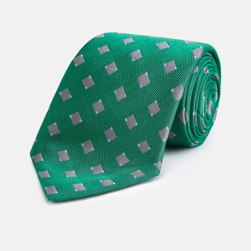 Kelly Green and Grey Tile Silk Tie sold by Turnbull & Asser