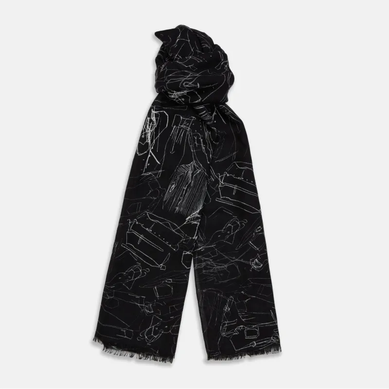 Black Sketched Pattern Wool Chilcott Scarf sold by Turnbull & Asser