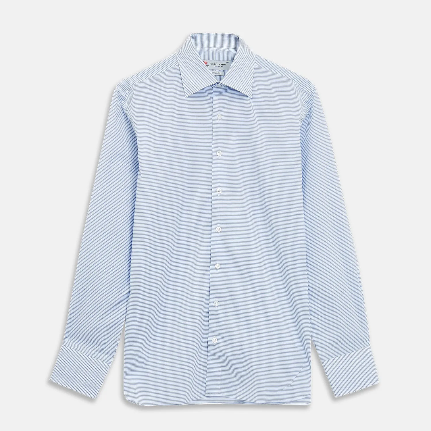 Blue & White Twill Cotton Stripe Tailored Fit Shirt with Bury Collar and 3-Button Cuffs sold by Turnbull & Asser