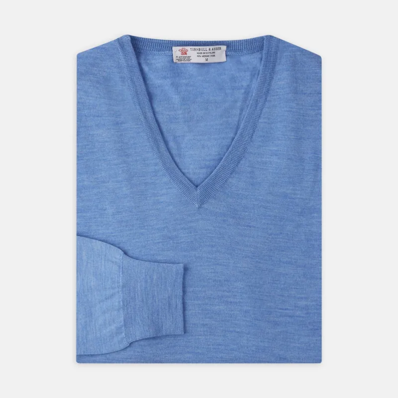 Sky Blue Fine Merino V-Neck Jumper sold by Turnbull & Asser