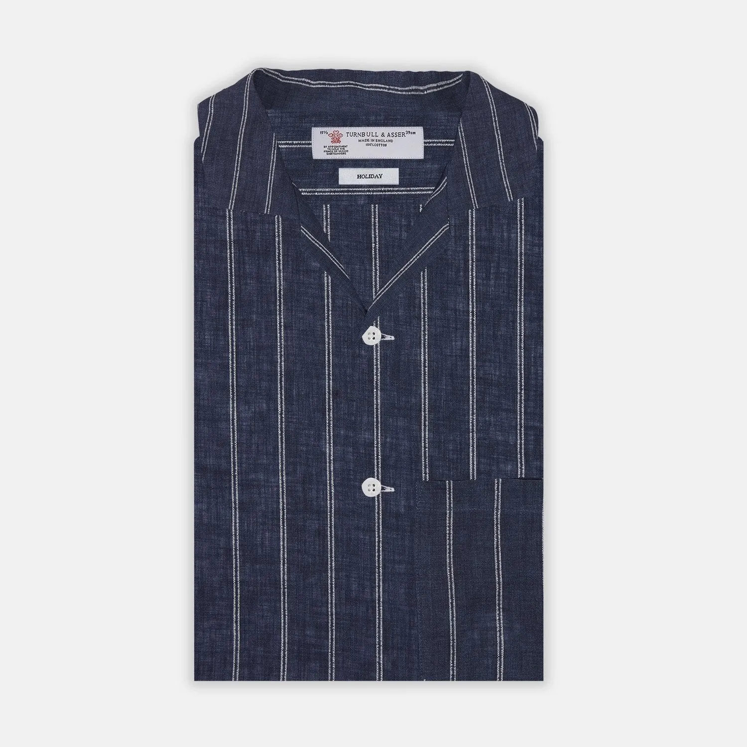 Holiday Fit Stripe Linen Short Sleeve Shirt with Revere Collar sold by Turnbull & Asser