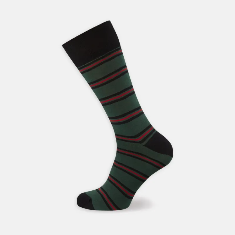 Forest Green, Black and Red Stripe Cotton Mix Short Socks sold by Turnbull & Asser