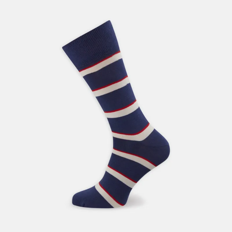 Navy, Red and White Stripe Cotton Mix Short Socks sold by Turnbull & Asser