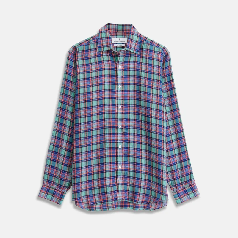 Green and Red Madras Check Weekend Fit Linen Shirt with Derby Collar and 1-Button Cuff sold by Turnbull & Asser