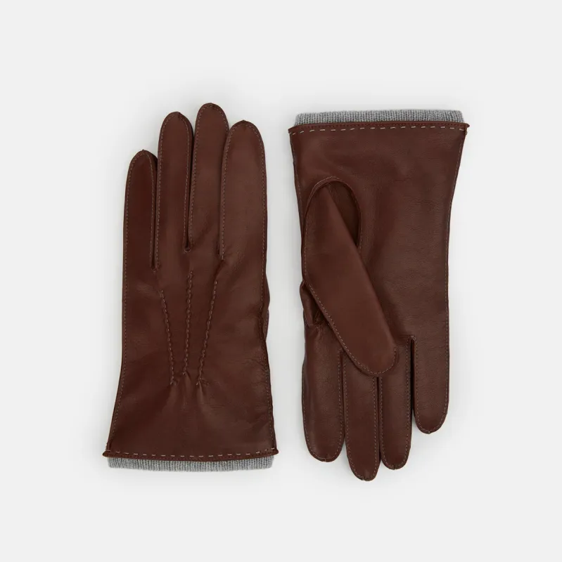 Dark Chocolate/Grey Cashmere-Lined Hairsheep Leather Gloves sold by Turnbull & Asser