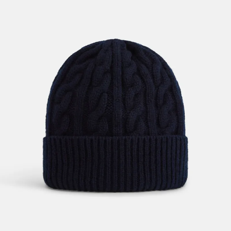 Midnight Blue Cable Knit Cashmere Beanie sold by Turnbull & Asser