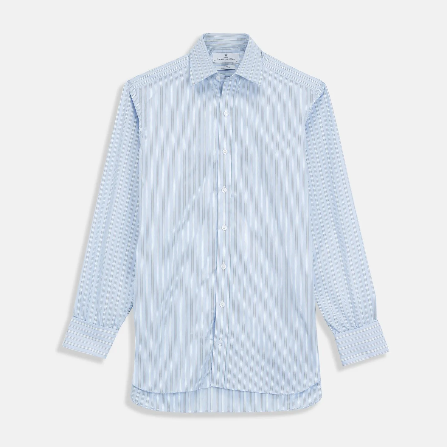 Blue and White Fine Stripe Shirt with T&A Collar and 3-Button Cuffs sold by Turnbull & Asser