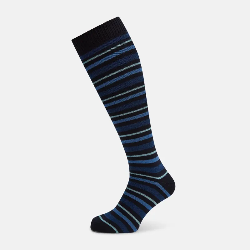 Navy Striped Merino Wool Long Socks sold by Turnbull & Asser