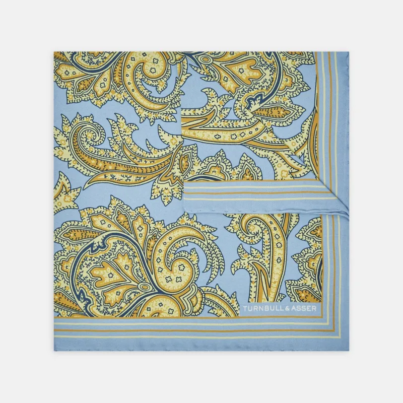 Light Blue and Yellow Large Paisley Silk Pocket Square sold by Turnbull & Asser