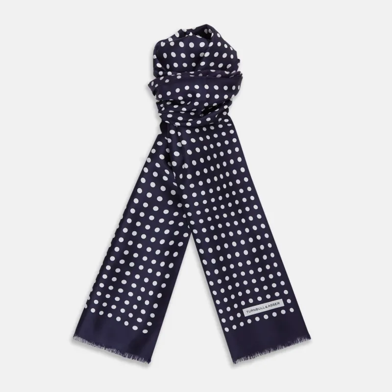Navy and Cream Spotted Silk and Wool Scarf sold by Turnbull & Asser