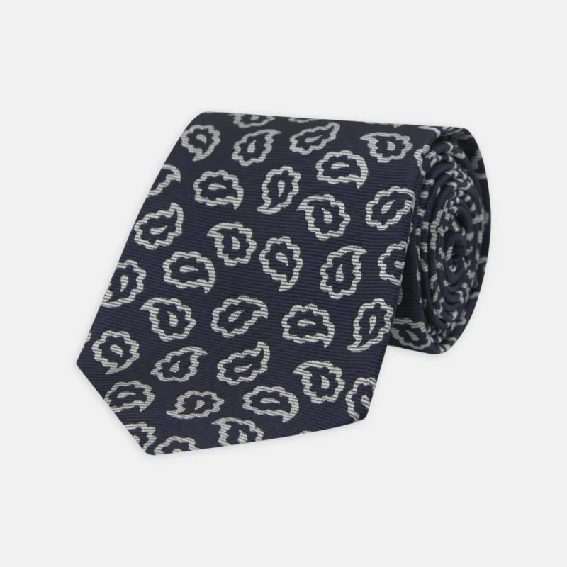 Navy and White Petal Paisley Silk Tie sold by Turnbull & Asser
