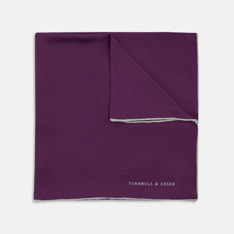 Plain Purple Silk Pocket Square with White piping sold by Turnbull & Asser
