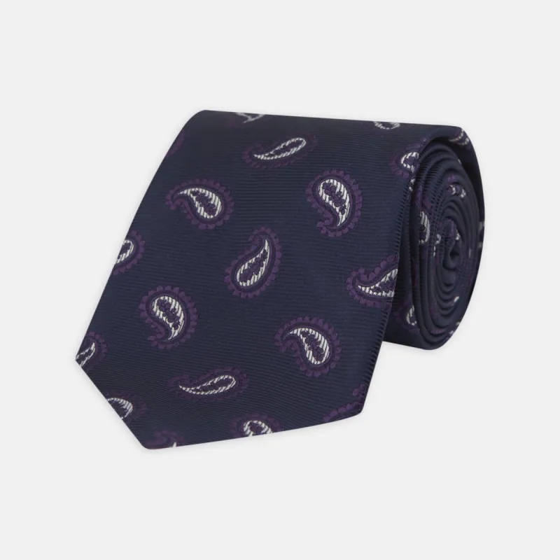 Navy and Plum Floating Paisley Silk Tie sold by Turnbull & Asser