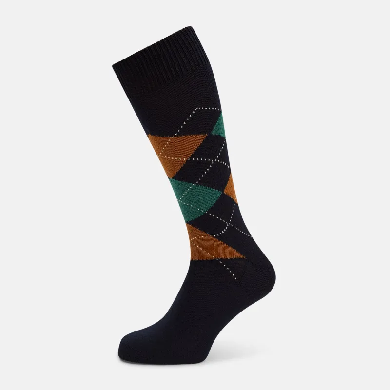 Navy/Green/Orange Wool Check Mid-Length Socks sold by Turnbull & Asser