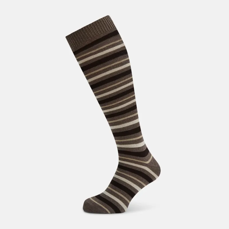 Coffee Striped Merino Wool Long Socks sold by Turnbull & Asser