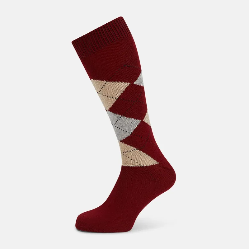 Burgundy Wool Check Mid-Length Socks sold by Turnbull & Asser