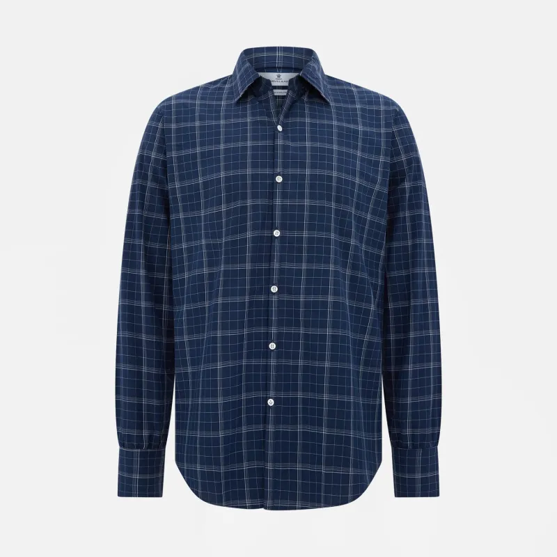 Indigo and White Thin Plaid Check Windsor Shirt sold by Turnbull & Asser