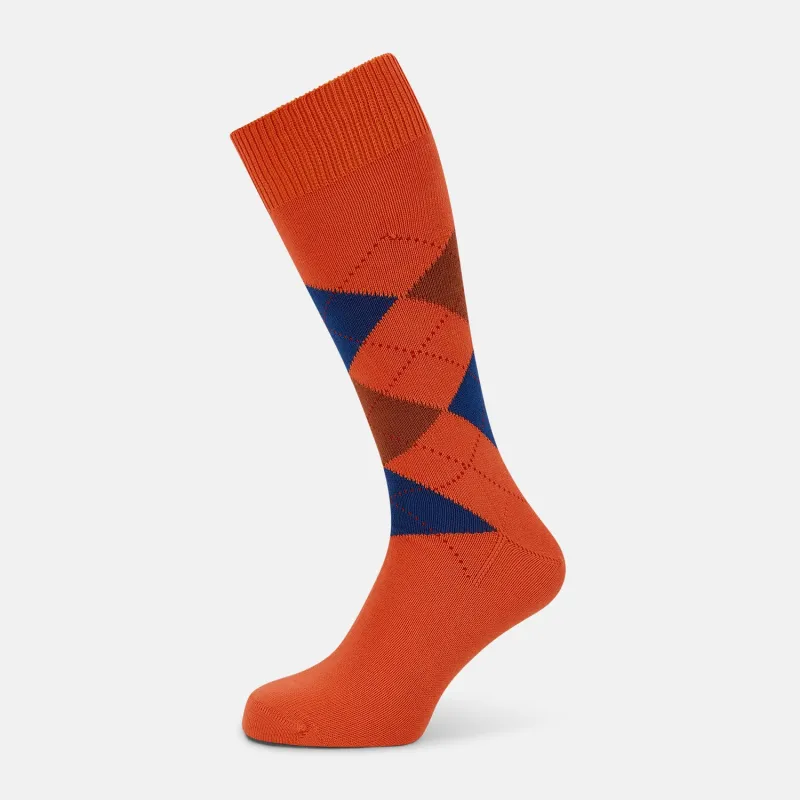 Royal Blue and Orange Patterned Mid-Length Socks sold by Turnbull & Asser