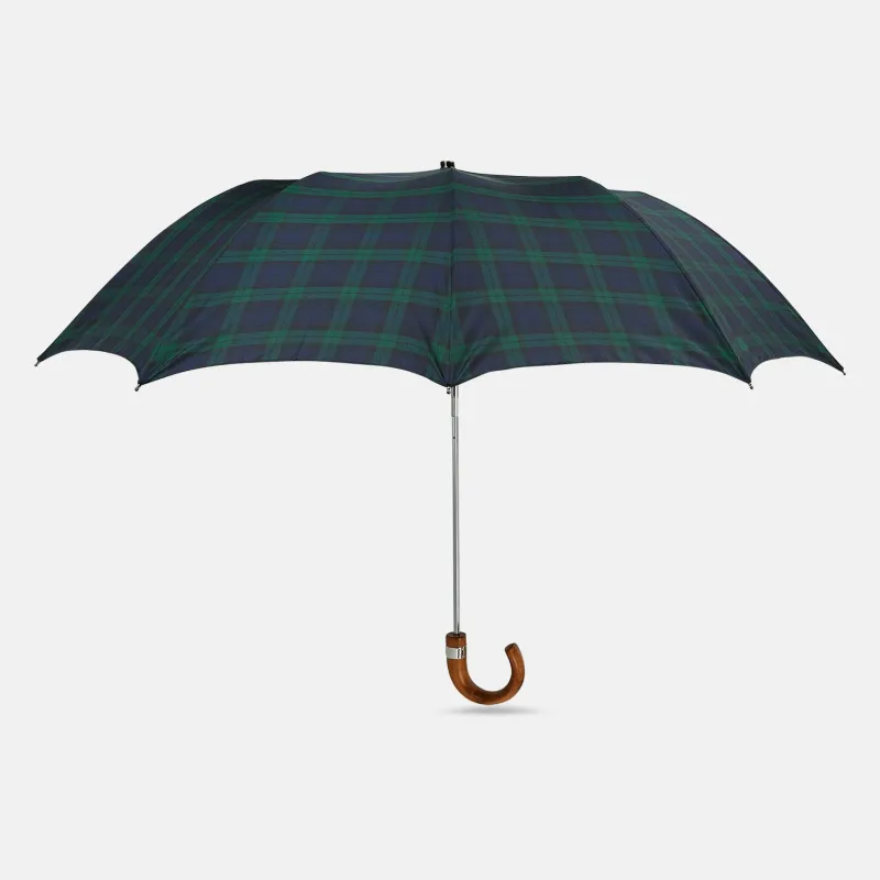 Black Watch Tartan Telescopic Umbrella with Whangee Crook Handle sold by Turnbull & Asser