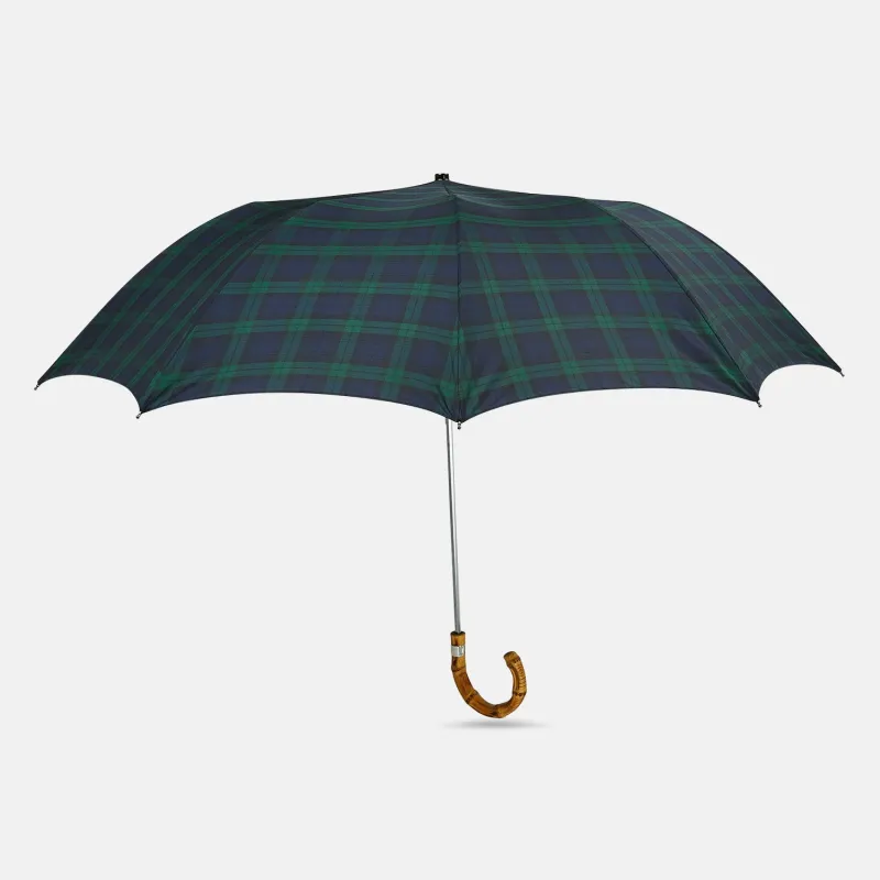 Black Watch Tartan Telescopic Umbrella with Whangee Crook Handle sold by Turnbull & Asser