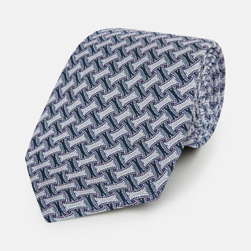 Navy and Pink Weave Patterned Silk Tie sold by Turnbull & Asser