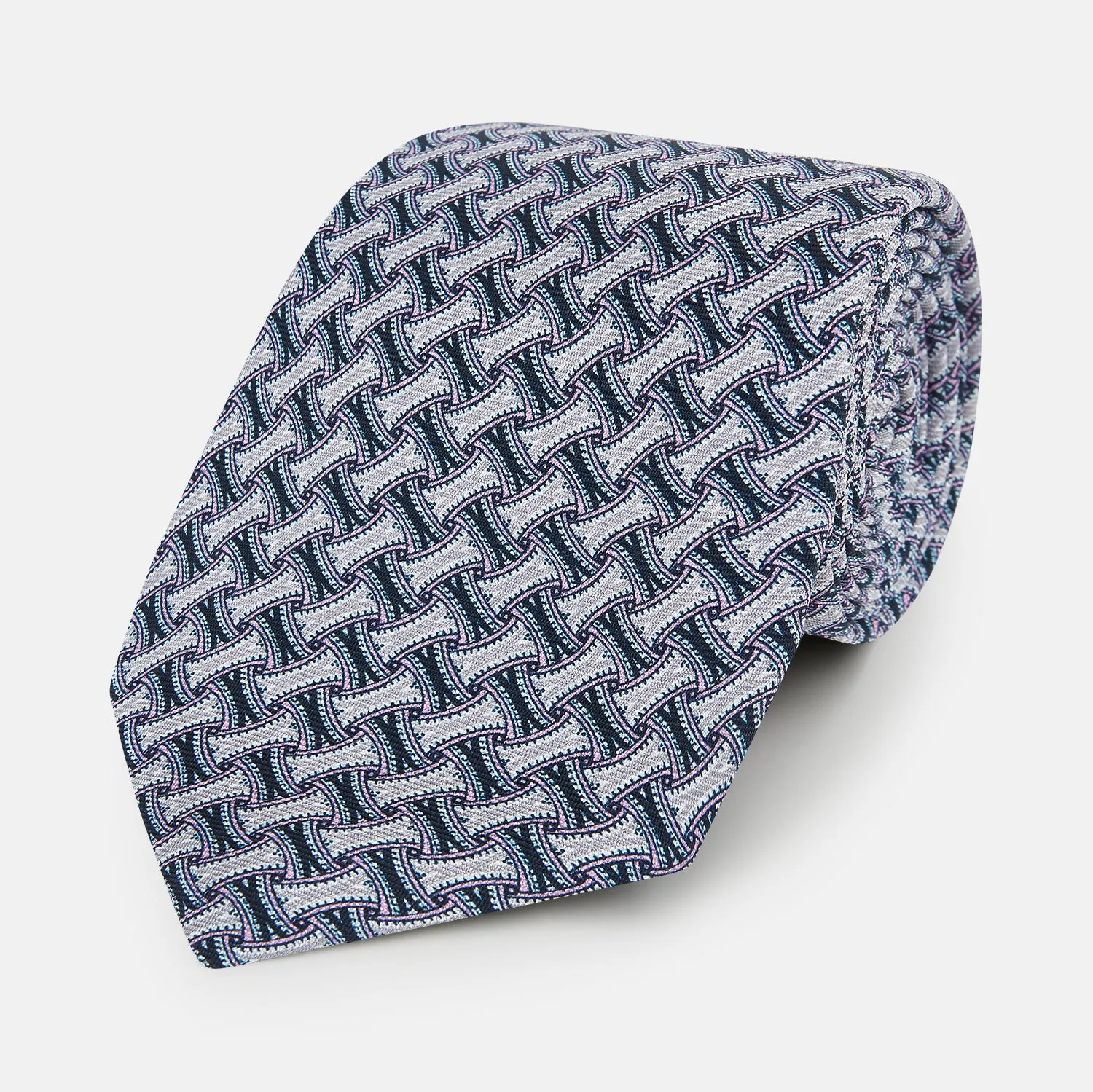 Navy and Pink Weave Patterned Silk Tie sold by Turnbull & Asser