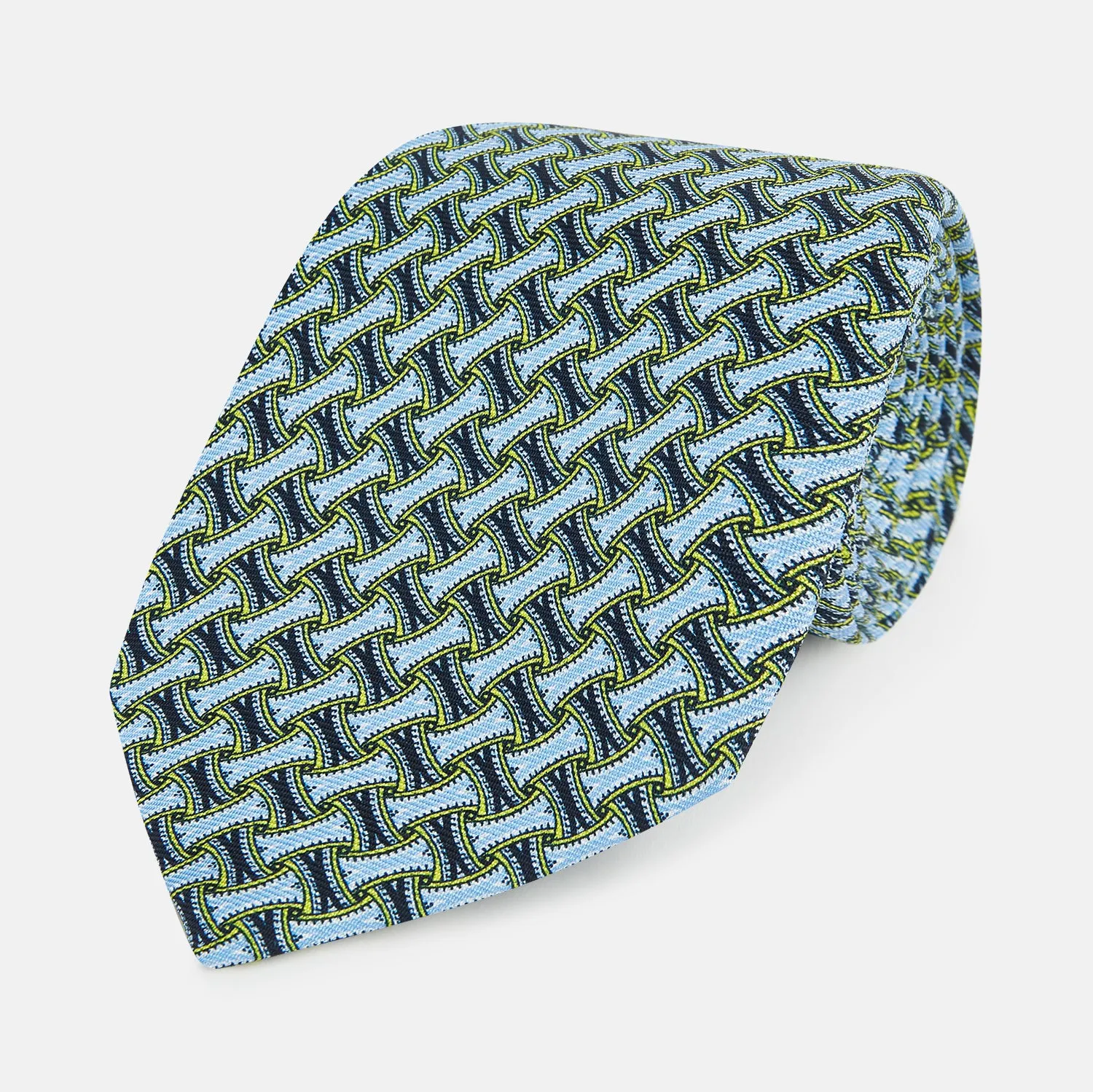 Light Blue and Chartreuse Lemon Weave Patterned Silk Tie sold by Turnbull & Asser