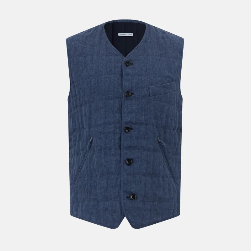 Denim Blue Quilted Linen Herringbone Waistcoat sold by Turnbull & Asser