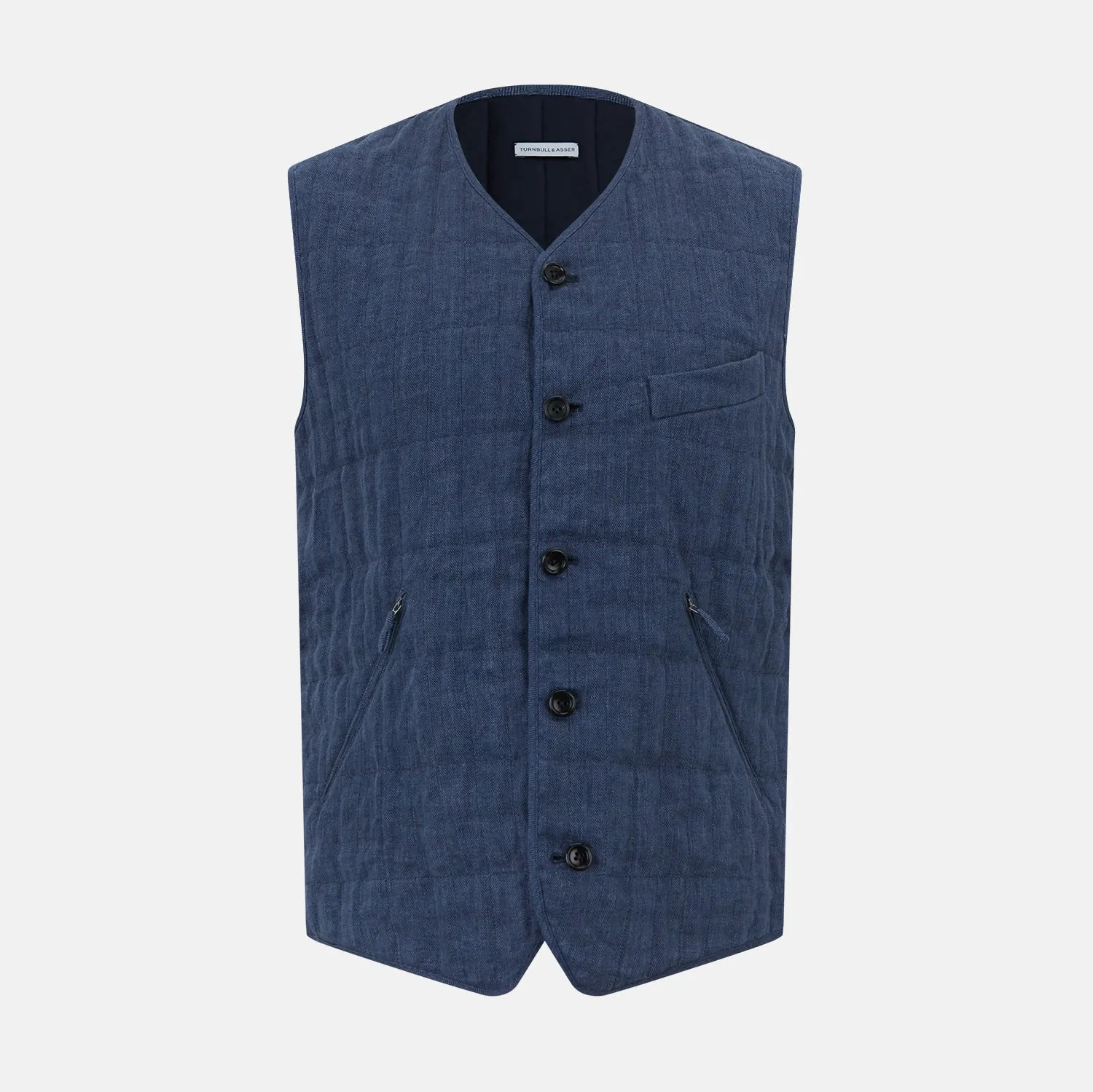 Denim Blue Quilted Linen Herringbone Waistcoat sold by Turnbull & Asser