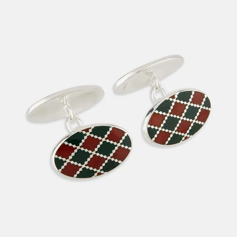 Forest Green and Burgundy Checkered Oval Enamel Chain Cufflinks sold by Turnbull & Asser