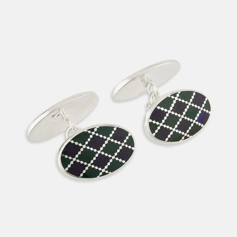 Forest Green and Navy Checkered Oval Enamel Chain Cufflinks sold by Turnbull & Asser