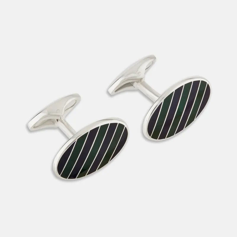 Forest Green and Navy Striped Oval Enamel Cufflinks sold by Turnbull & Asser