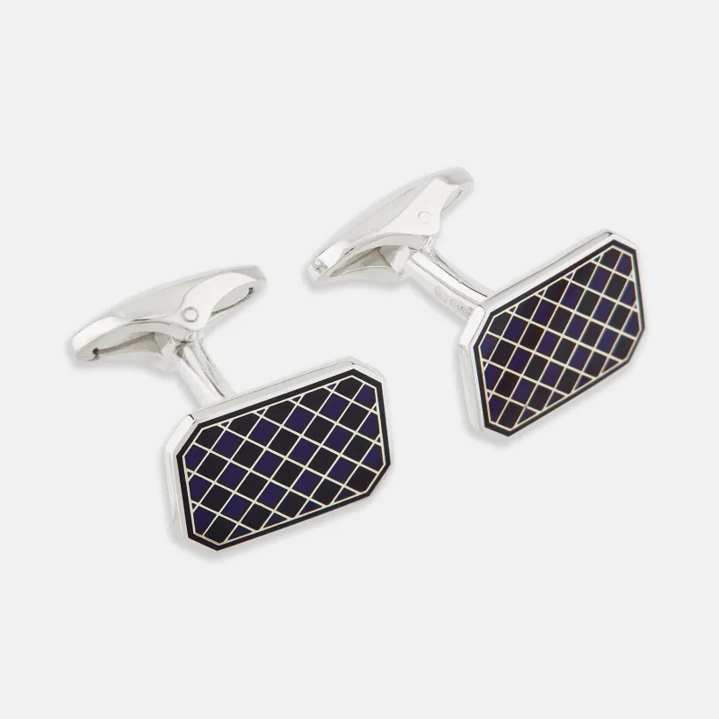 Navy Checkered Rectangular Enamel Cufflinks sold by Turnbull & Asser