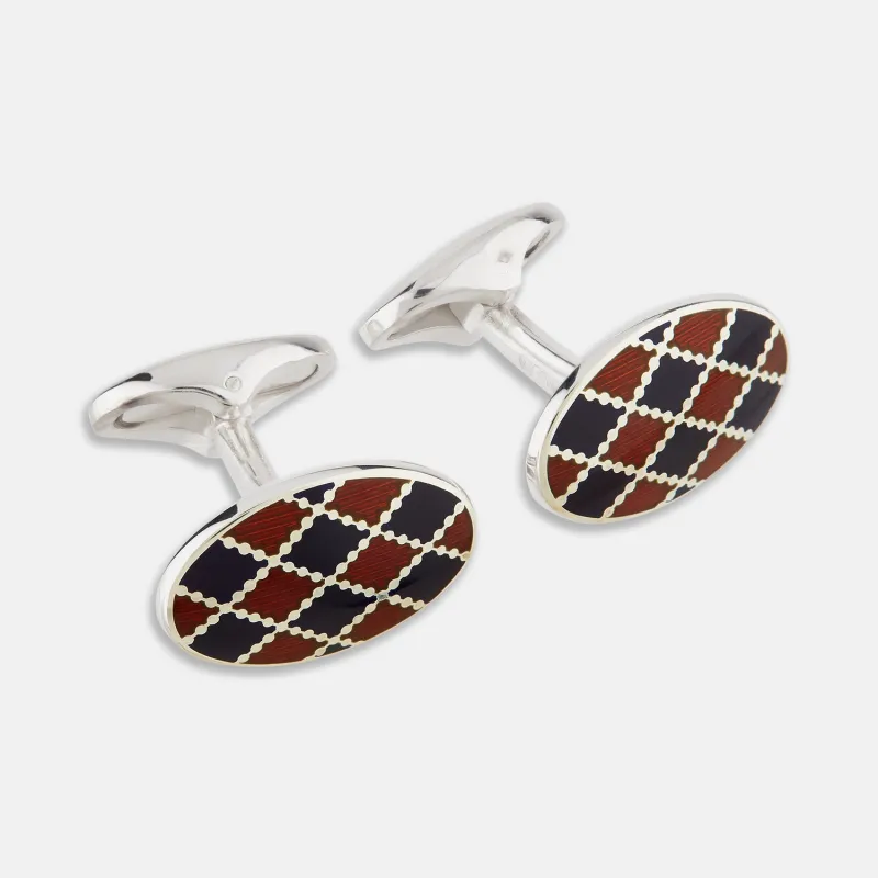 Burgundy and Navy Checkered Oval Enamel Cufflinks sold by Turnbull & Asser