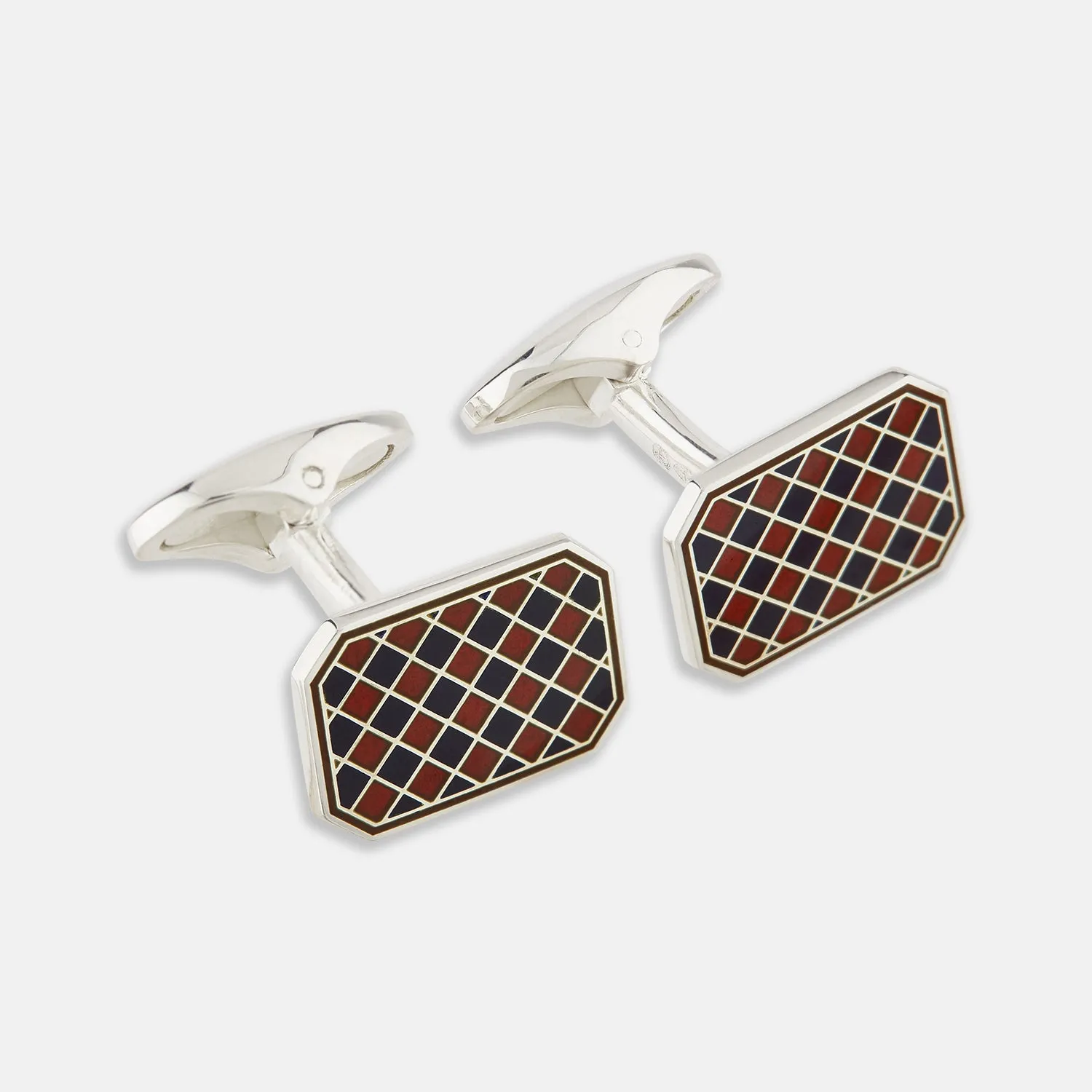 Burgundy and Navy Checkered Rectangular Enamel Cufflinks sold by Turnbull & Asser