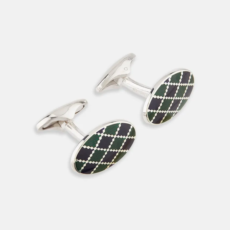 Forest Green and Navy Checkered Oval Enamel Cufflinks sold by Turnbull & Asser