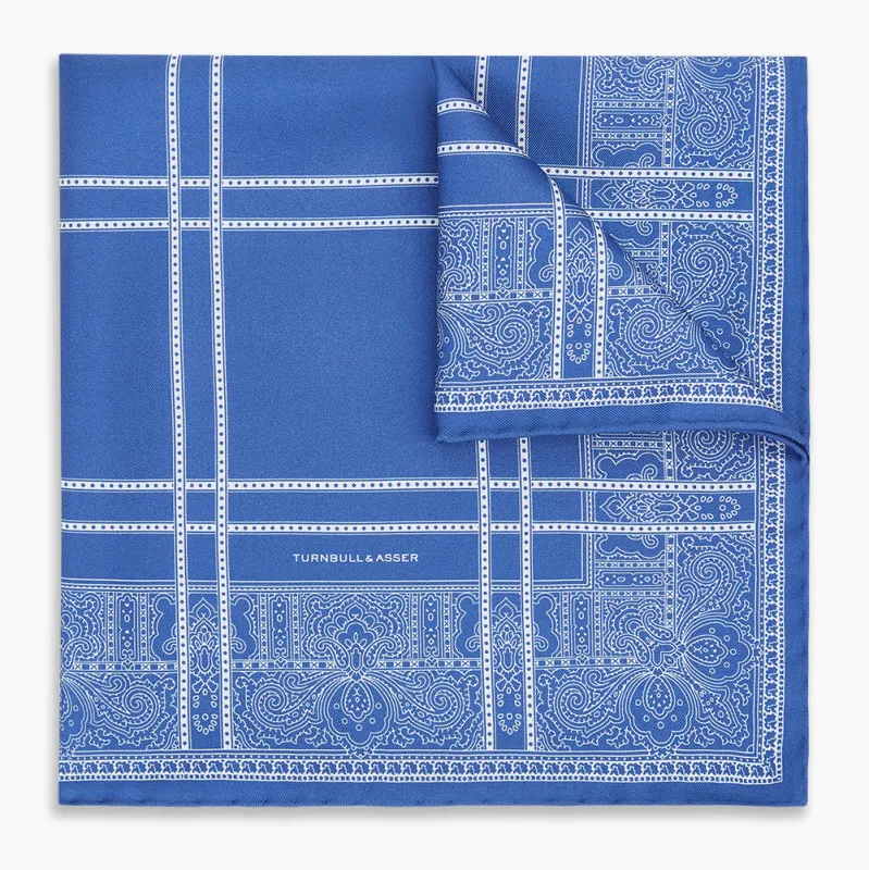 Avio Blue Paisley Bandana Patterned Silk Pocket Square sold by Turnbull & Asser