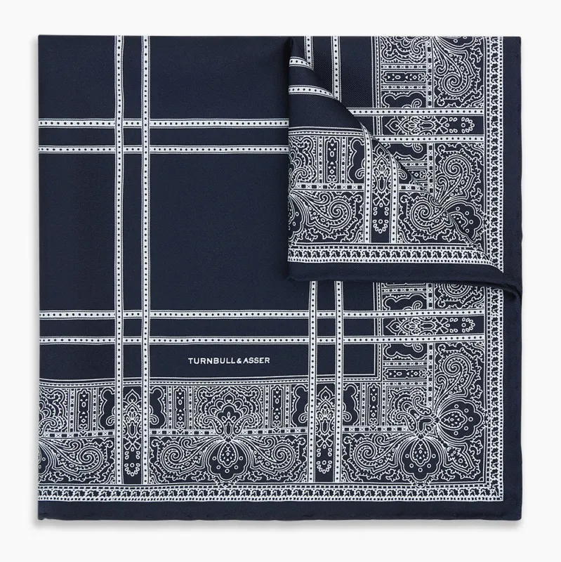 Navy Paisley Bandana Patterned Silk Pocket Square sold by Turnbull & Asser