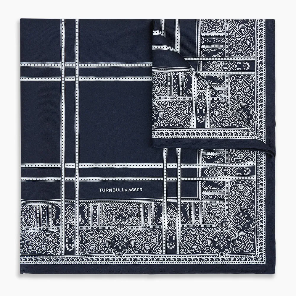 Navy Paisley Bandana Patterned Silk Pocket Square sold by Turnbull & Asser
