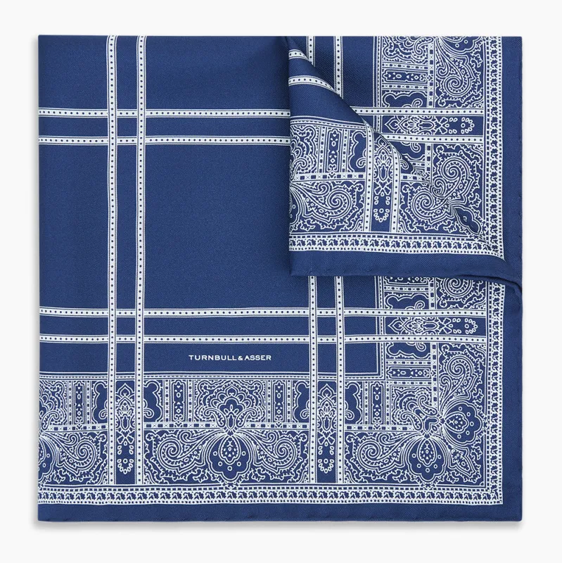 Azzurro Paisley Bandanda Patterned Silk Pocket Square sold by Turnbull & Asser