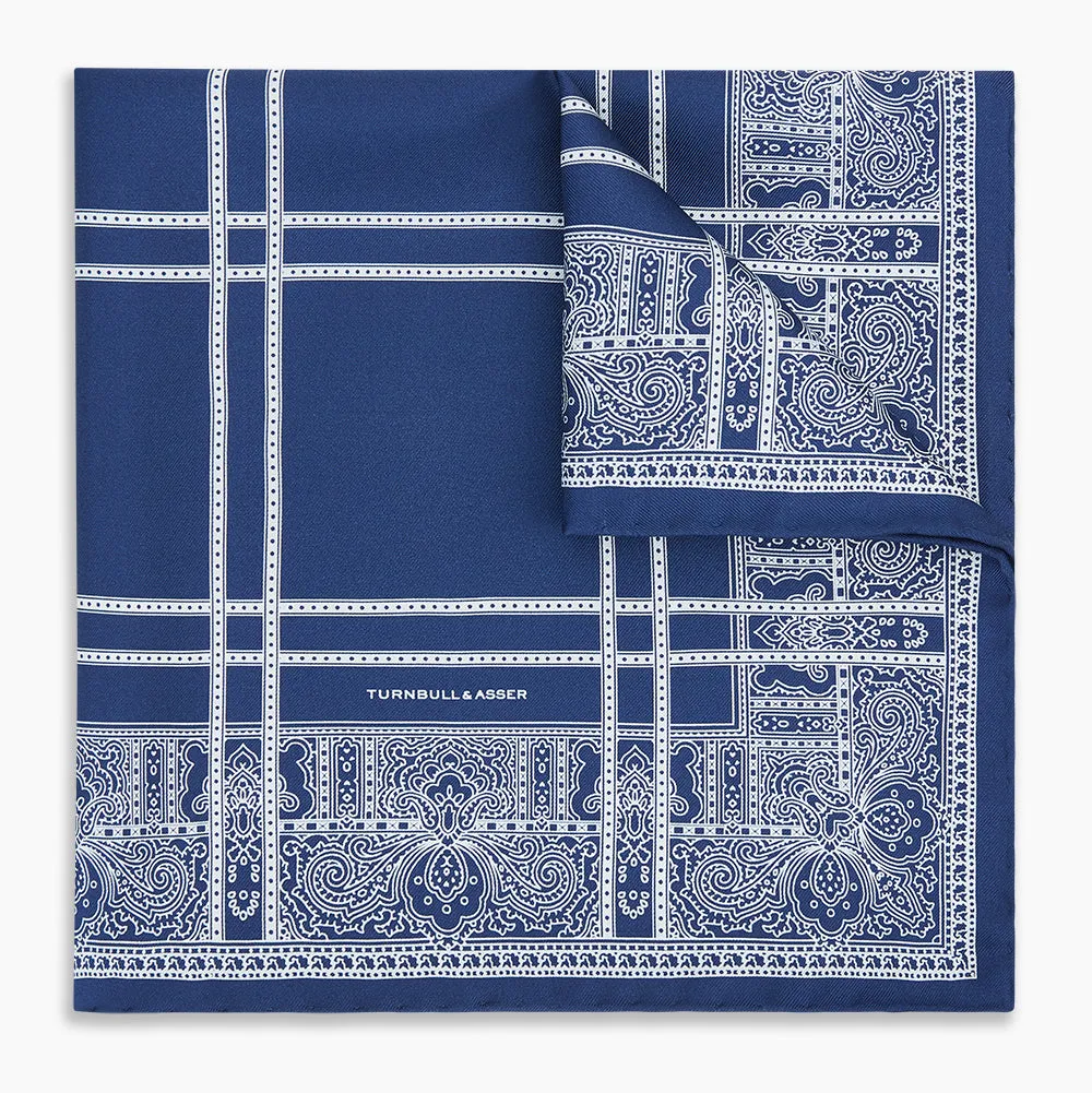 Azzurro Paisley Bandanda Patterned Silk Pocket Square sold by Turnbull & Asser